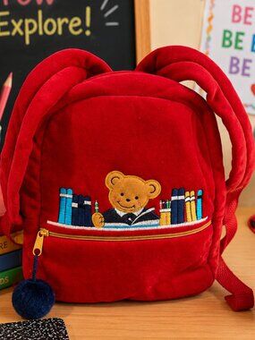 Vintage Velour Teddy Bear Book Backpack Mini Plush School Bag Red Embroidered